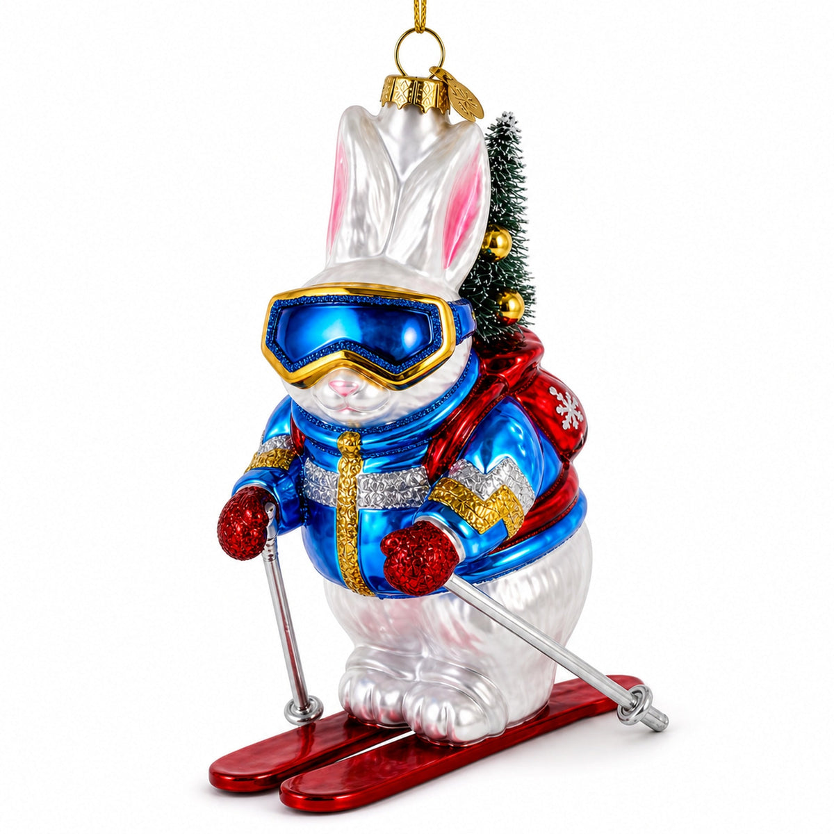 Skiing Bunny Rabbit Wearing Goggles Glass Christmas Ornament