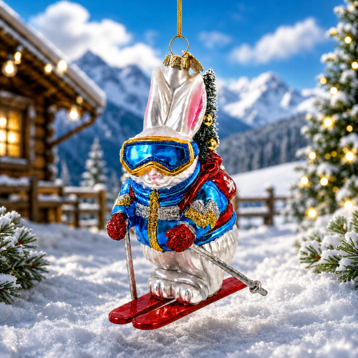 Skiing Bunny Rabbit Wearing Goggles Glass Christmas Ornament
