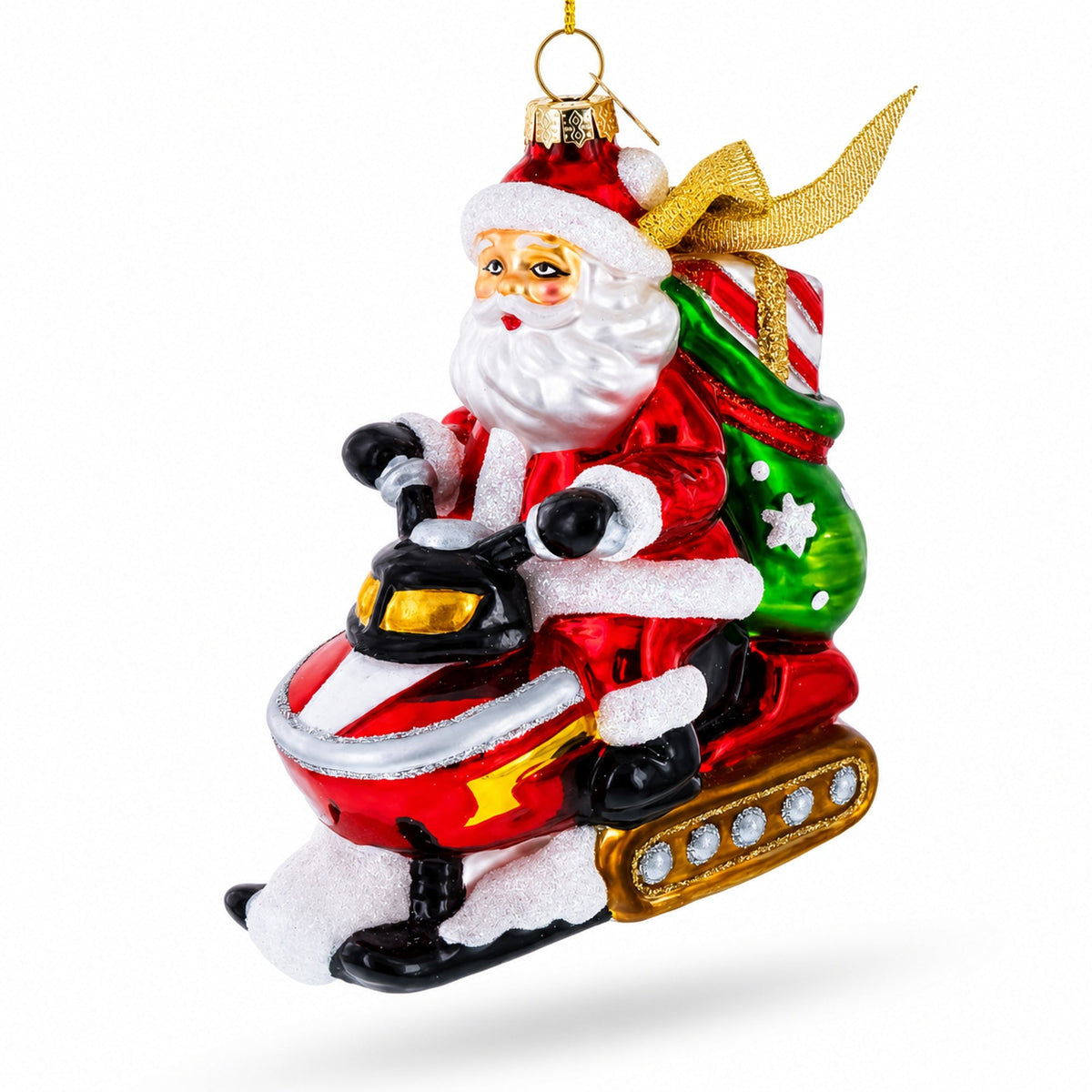 Santa Delivering Gifts on a Snowmobile Glass Christmas Ornament