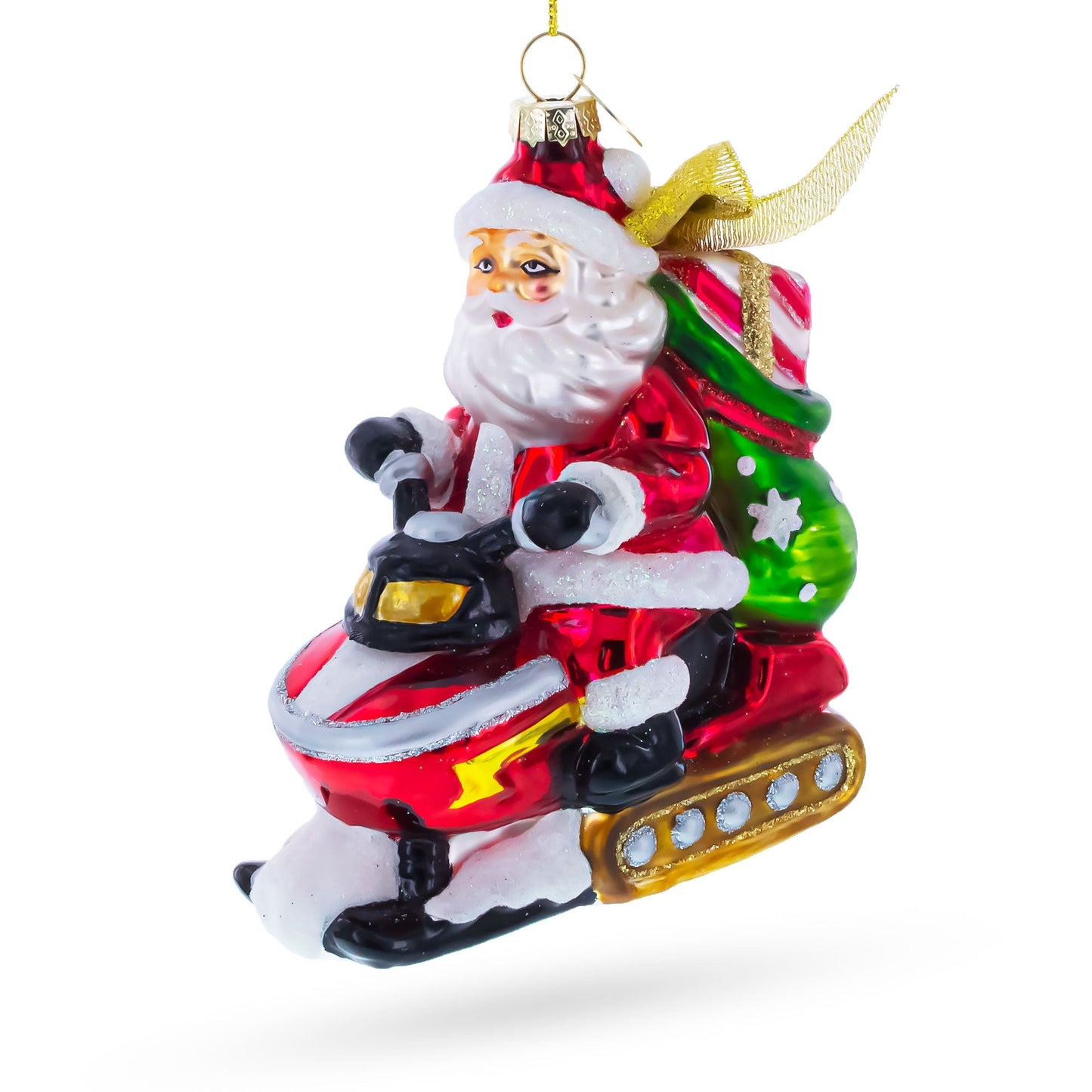 Santa Delivering Gifts on a Snowmobile Glass Christmas Ornament