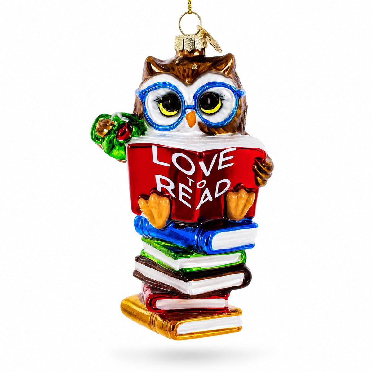 Love to Read Wise Owl with Books Glass Christmas Ornament