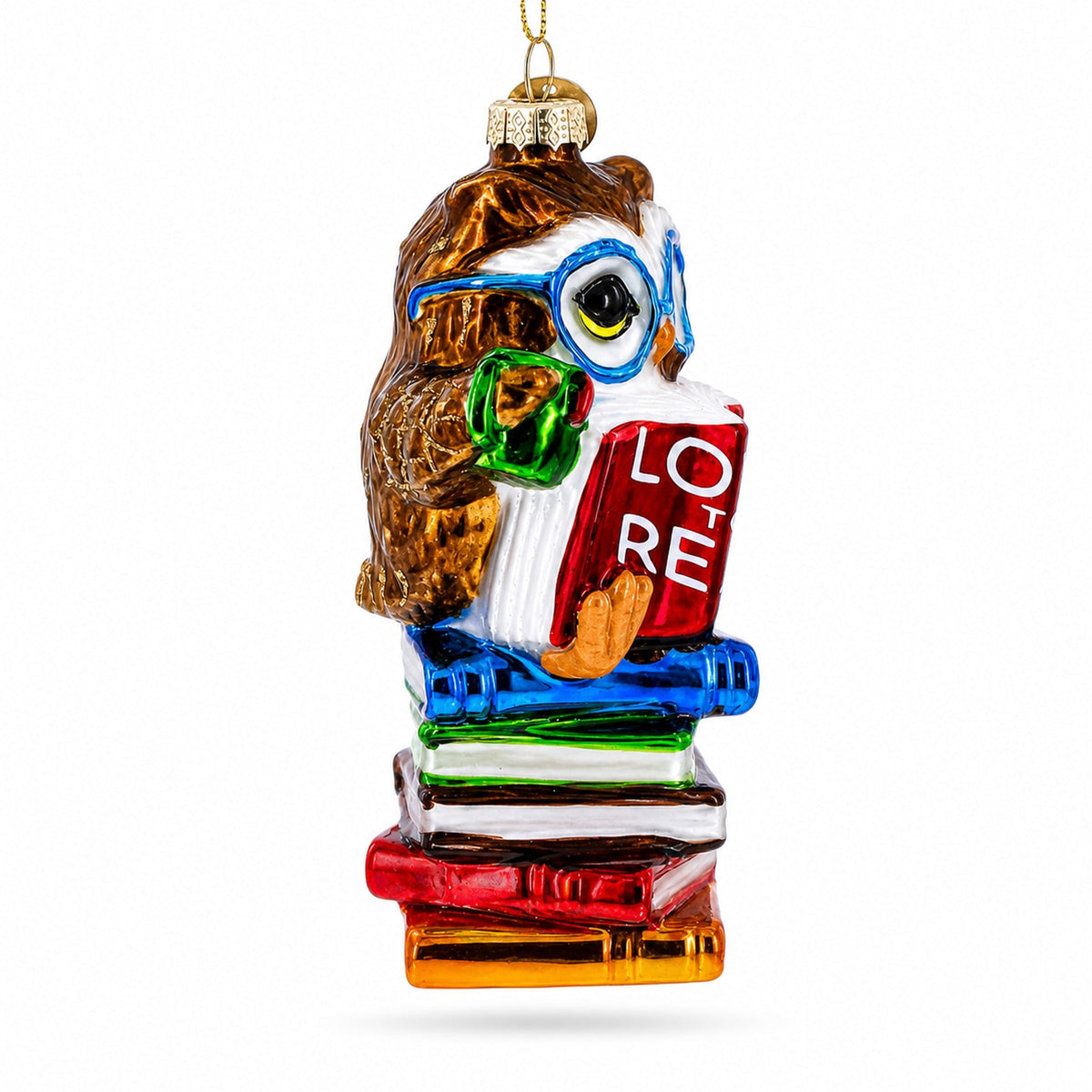Love to Read Wise Owl with Books Glass Christmas Ornament