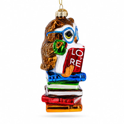 Love to Read Wise Owl with Books Glass Christmas Ornament
