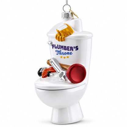 Fix It Plumber Throne with Plunger and Wrench Glass Christmas Ornament