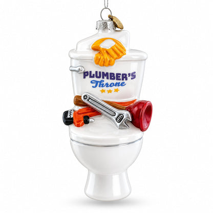 Fix It Plumber Throne with Plunger and Wrench Glass Christmas Ornament