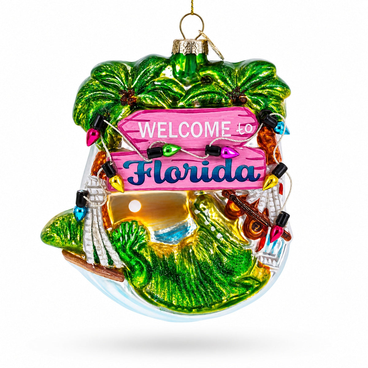 Florida Palm Tree Welcome Sign Glass Christmas Ornament