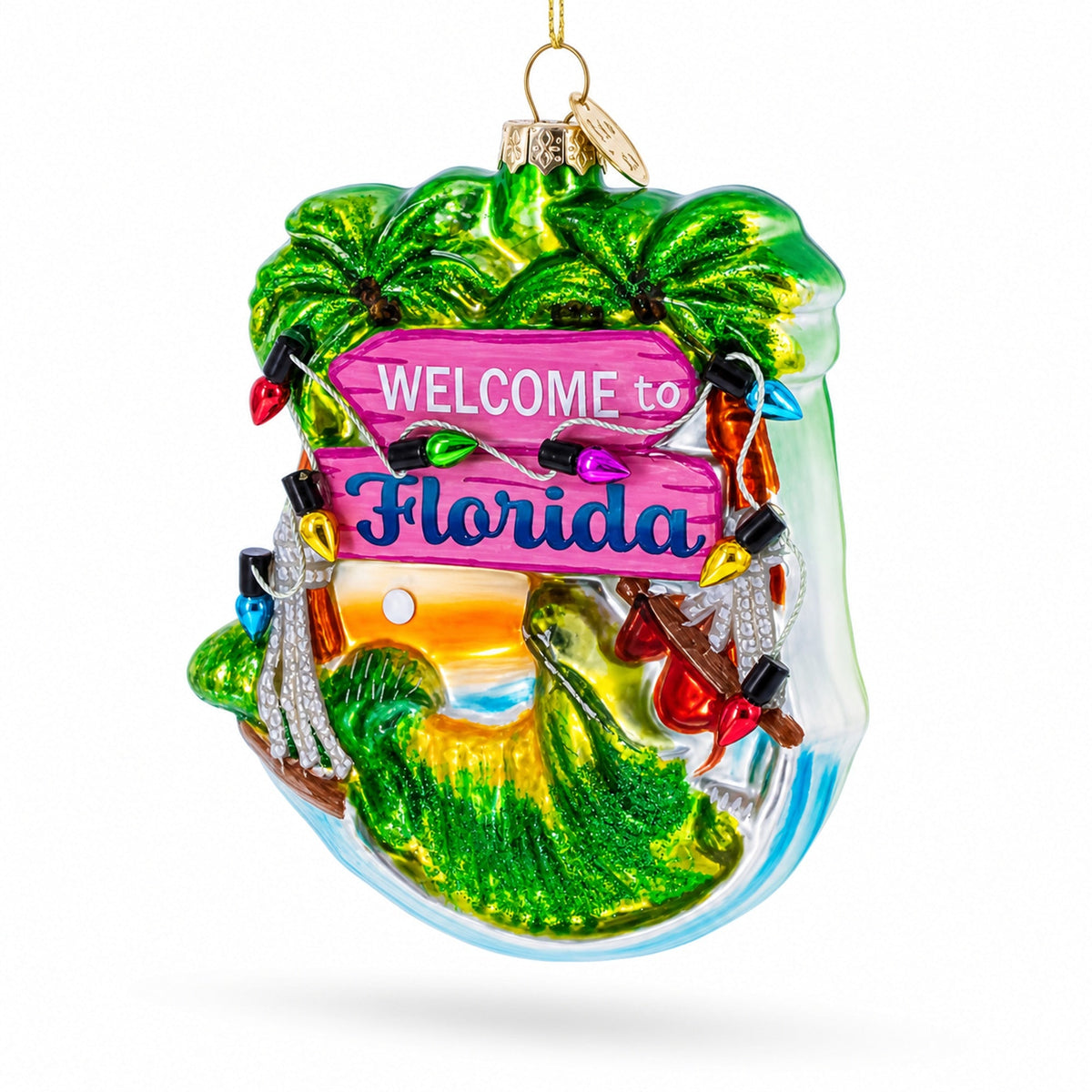 Florida Palm Tree Welcome Sign Glass Christmas Ornament