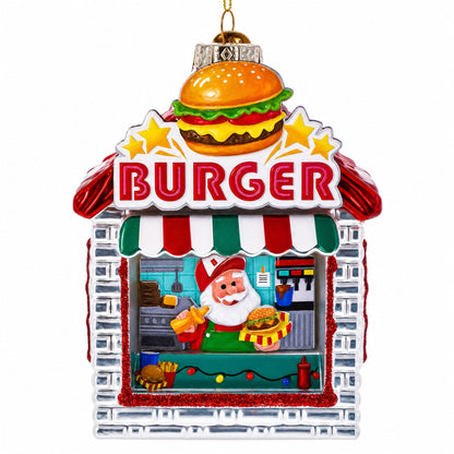 Santa’s Holiday Burger Stand Glass Christmas Ornament