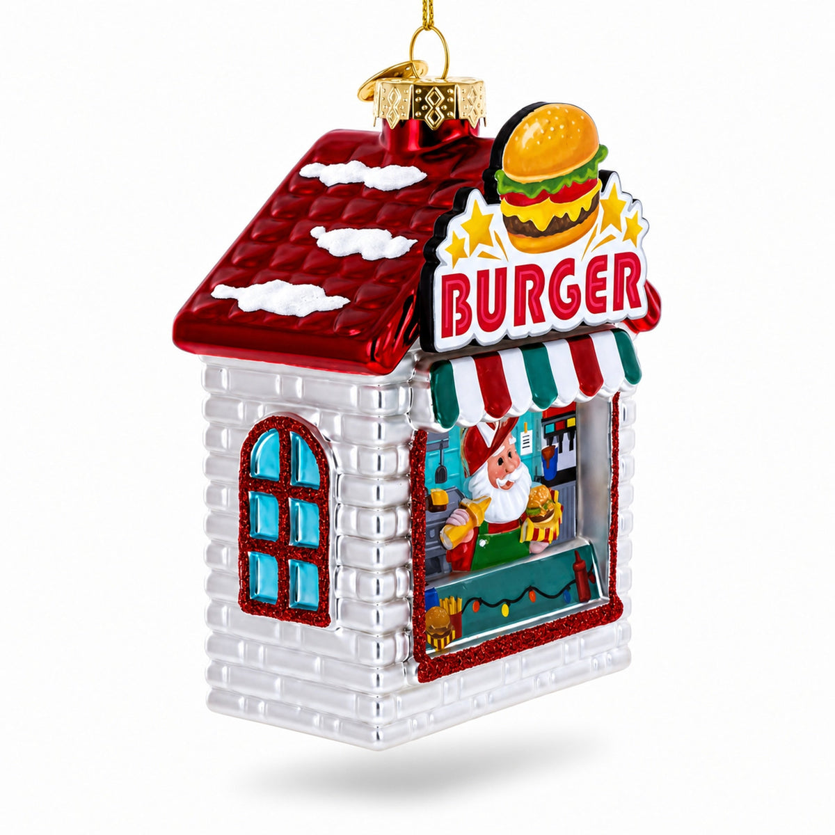 Santa’s Holiday Burger Stand Glass Christmas Ornament