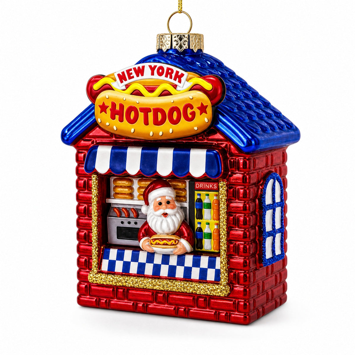 New York Hot Dog Stand with Santa Glass Christmas Ornament