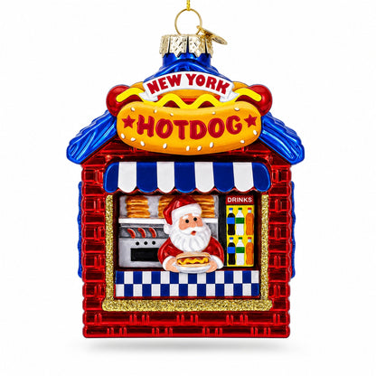 New York Hot Dog Stand with Santa Glass Christmas Ornament