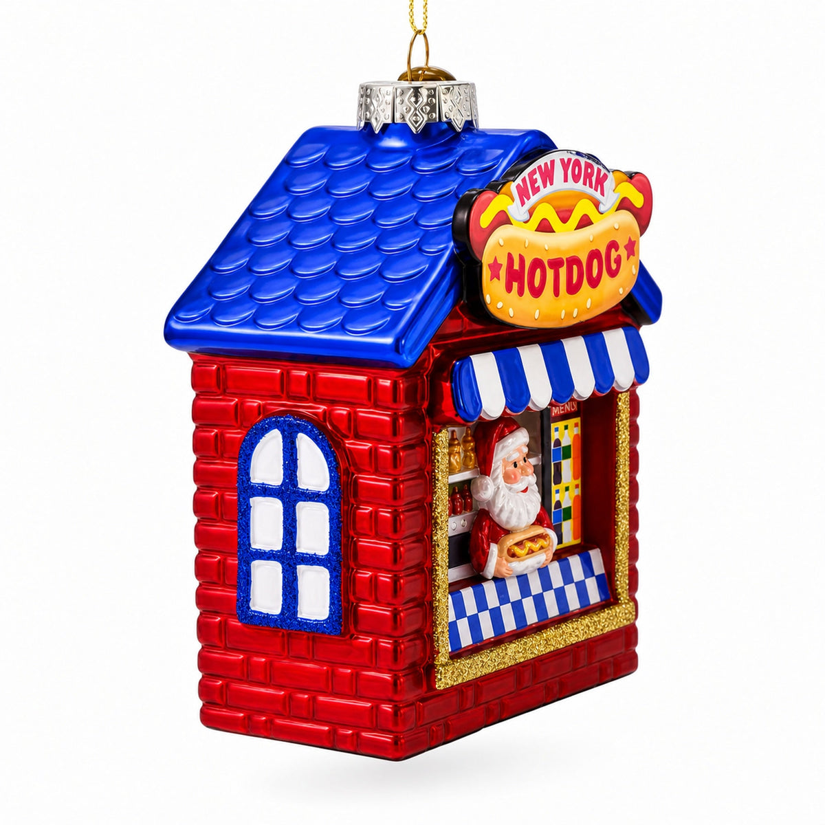 New York Hot Dog Stand with Santa Glass Christmas Ornament