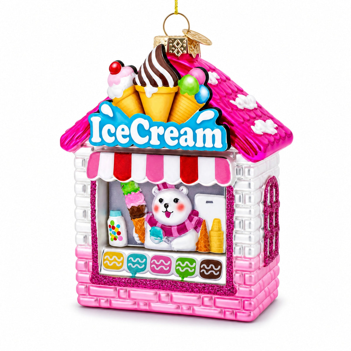 Ice Cream Shop with Polar Bear Glass Christmas Ornament