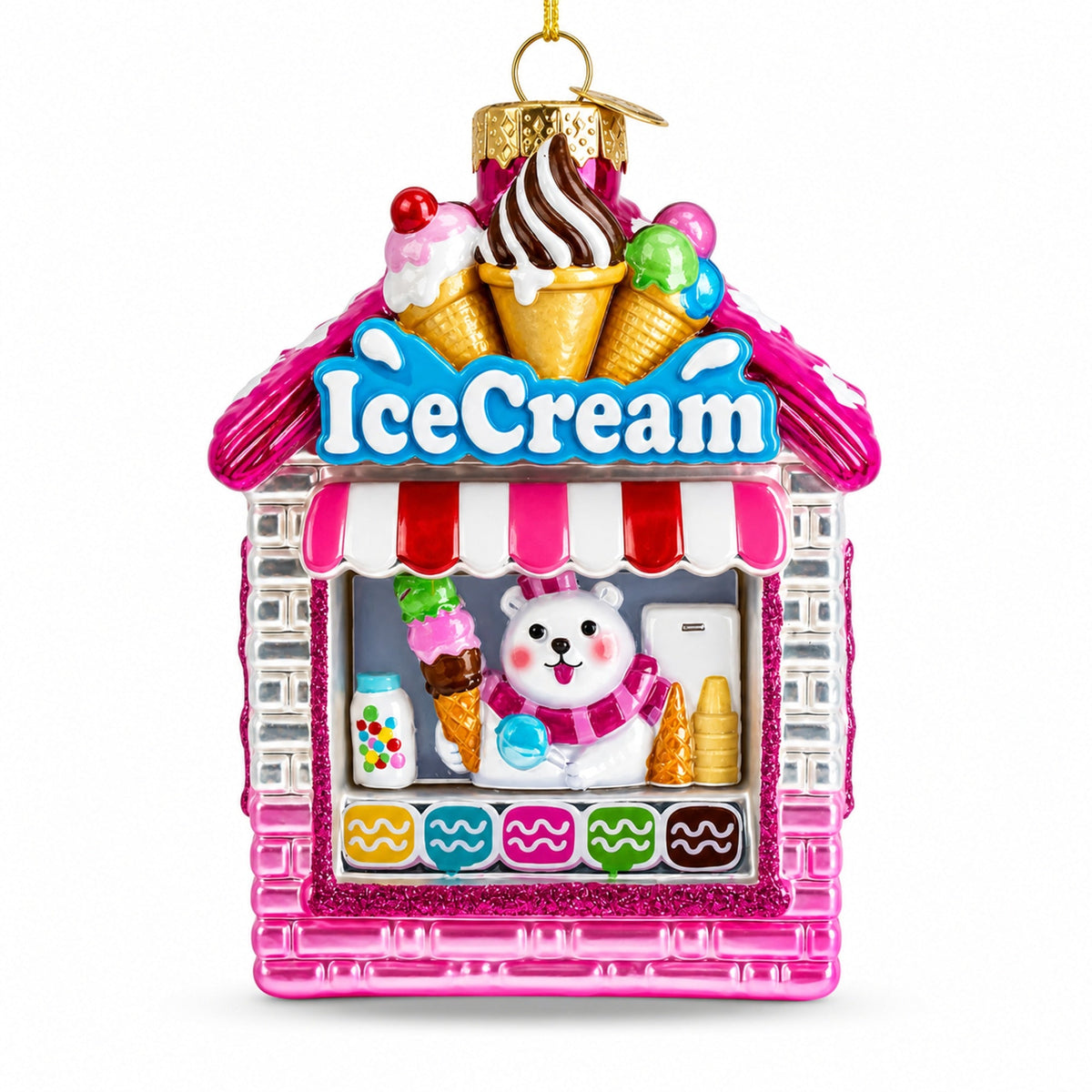 Ice Cream Shop with Polar Bear Glass Christmas Ornament
