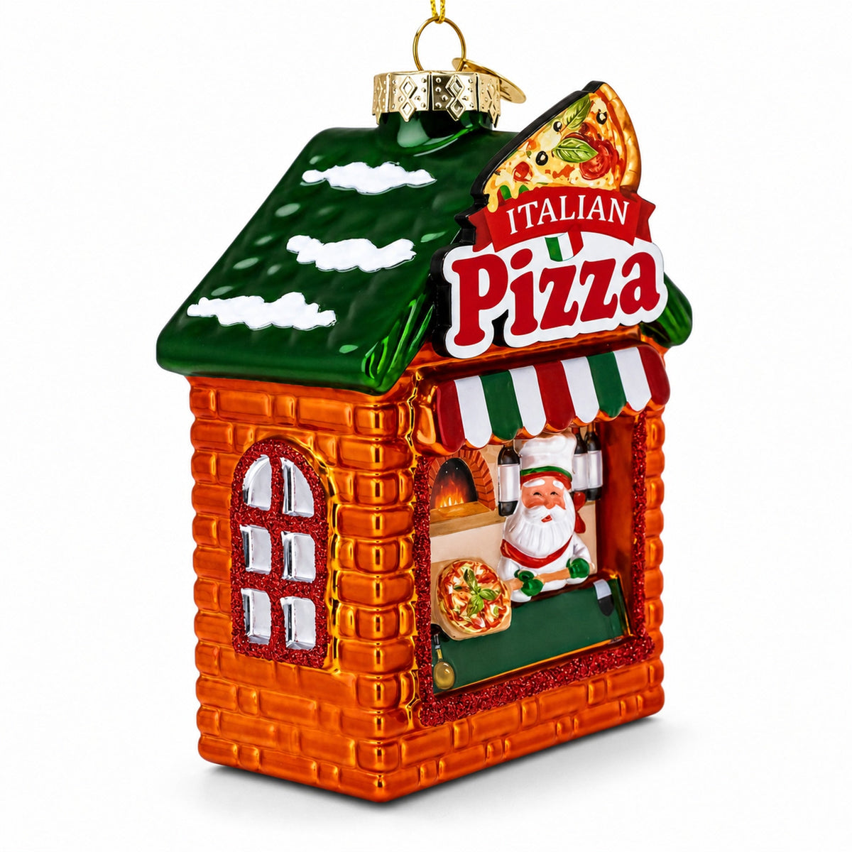 Italian Pizzeria with Santa Glass Christmas Ornament