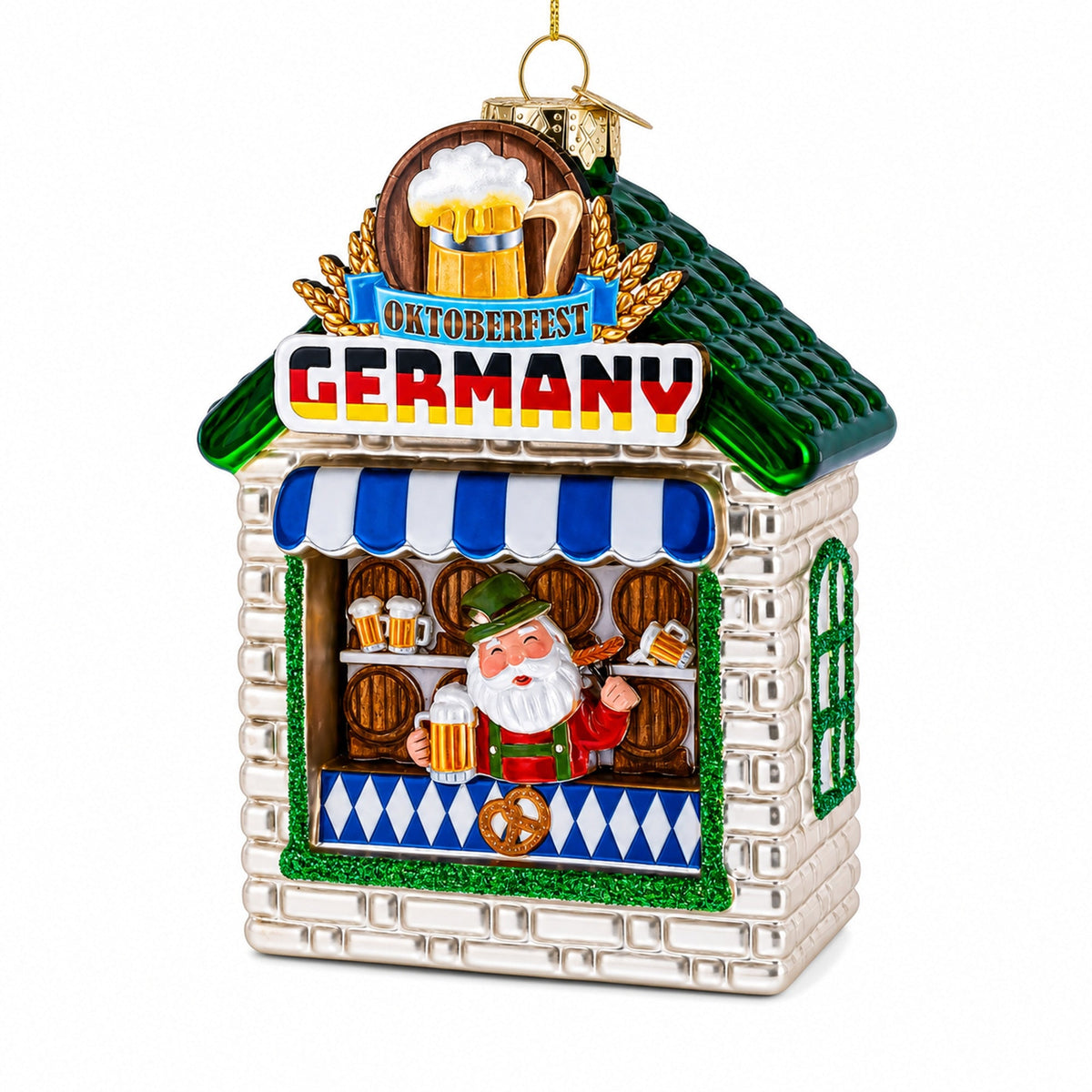 Oktoberfest Santa Beer Stand Glass Christmas Ornament