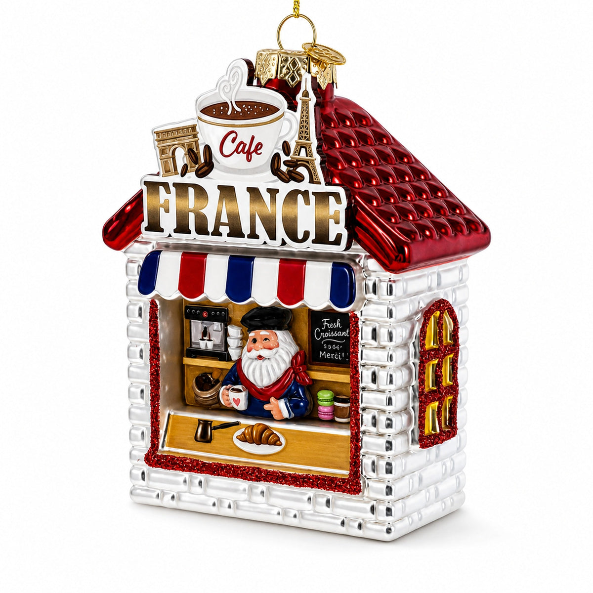 French Cafe with Santa Glass Christmas Ornament
