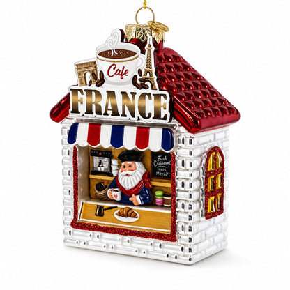 French Cafe with Santa Glass Christmas Ornament