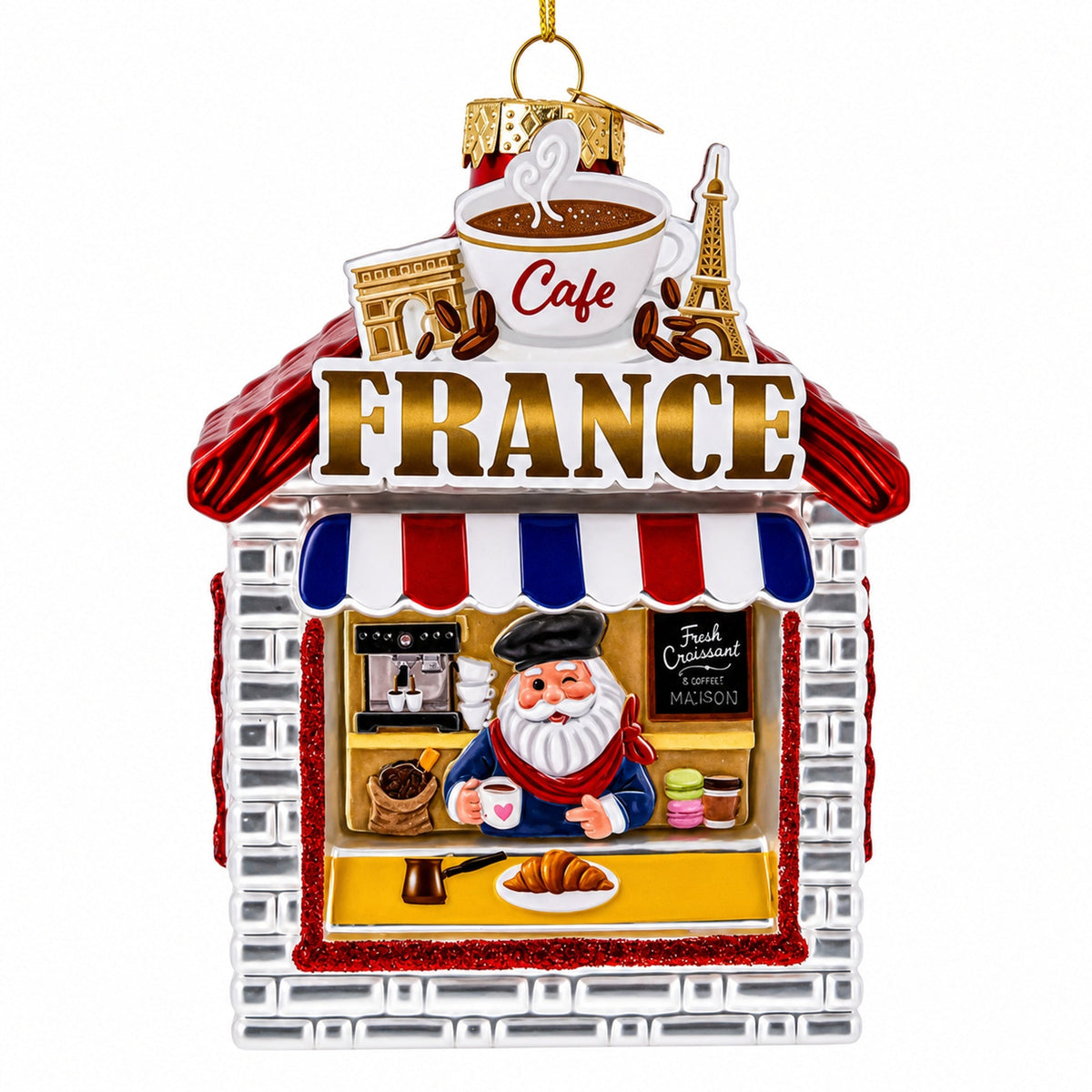 French Cafe with Santa Glass Christmas Ornament