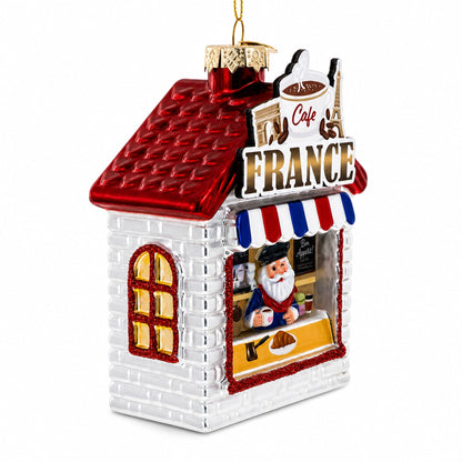 French Cafe with Santa Glass Christmas Ornament