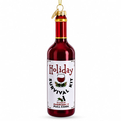 Holiday Survival Kit Wine Bottle Glass Christmas Ornament