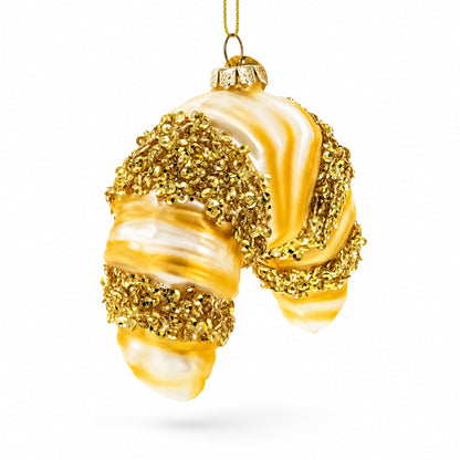 Glittered Croissant Glass Christmas Ornament