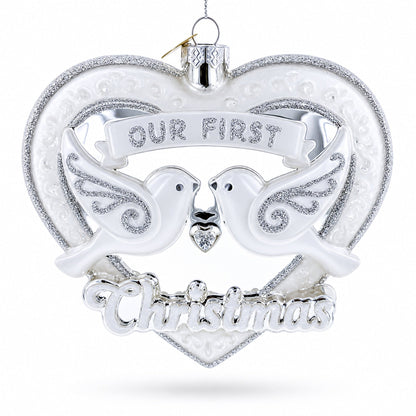 Our First Christmas Romantic Lovebirds Heart Glass Christmas Ornament