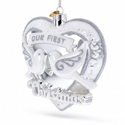 Our First Christmas Romantic Lovebirds Heart Glass Christmas Ornament