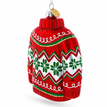 Holiday Knit Sweater with Snowflake Pattern Glass Christmas Ornament