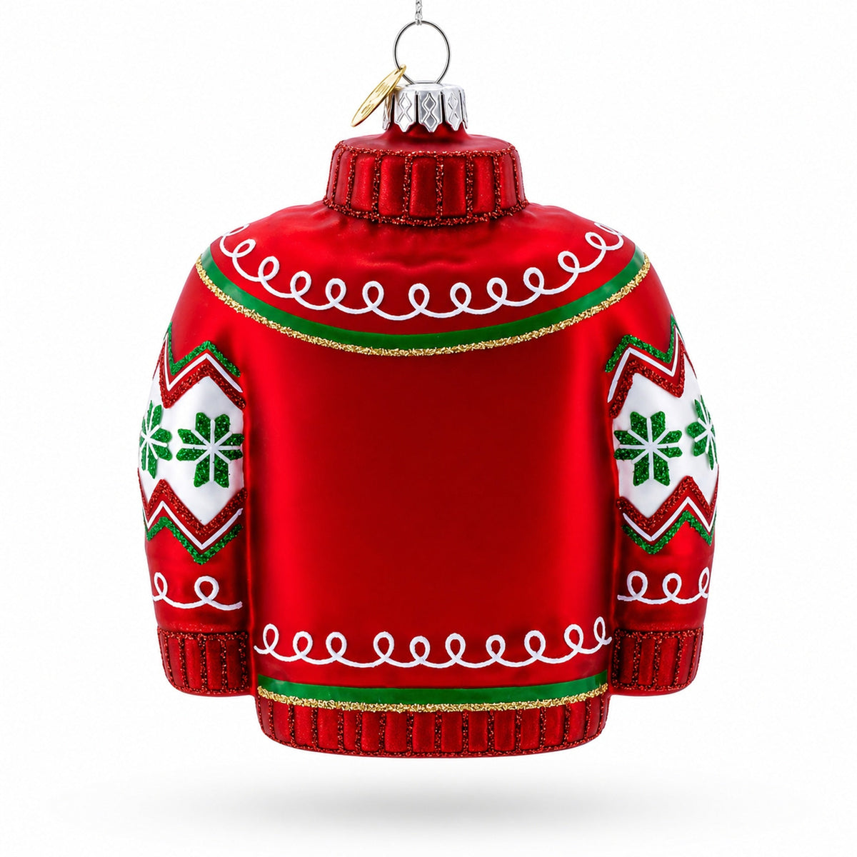 Holiday Knit Sweater with Snowflake Pattern Glass Christmas Ornament