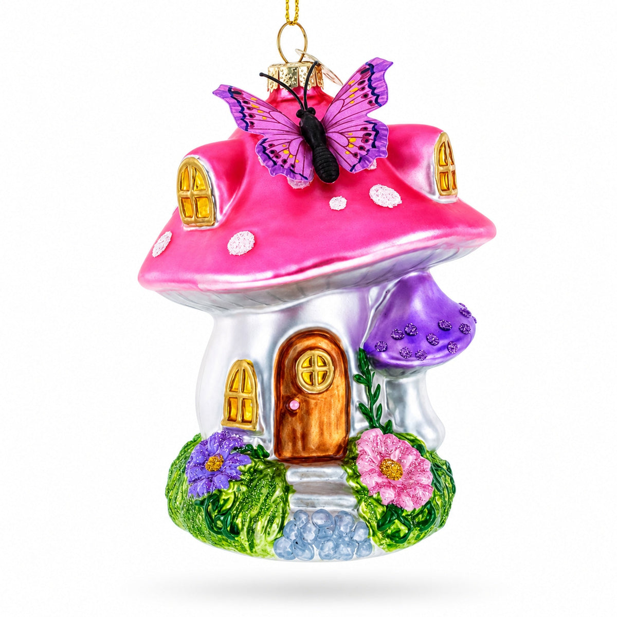 Fairy Mushroom House Glass Christmas Ornament