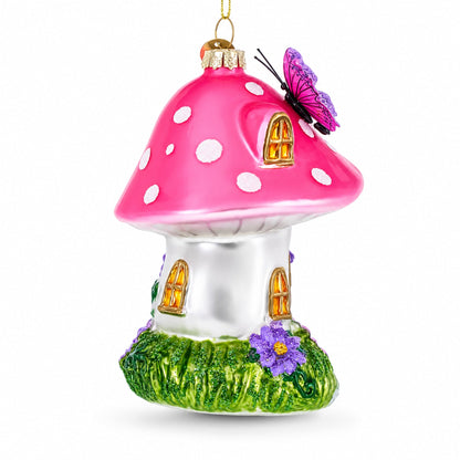 Fairy Mushroom House Glass Christmas Ornament
