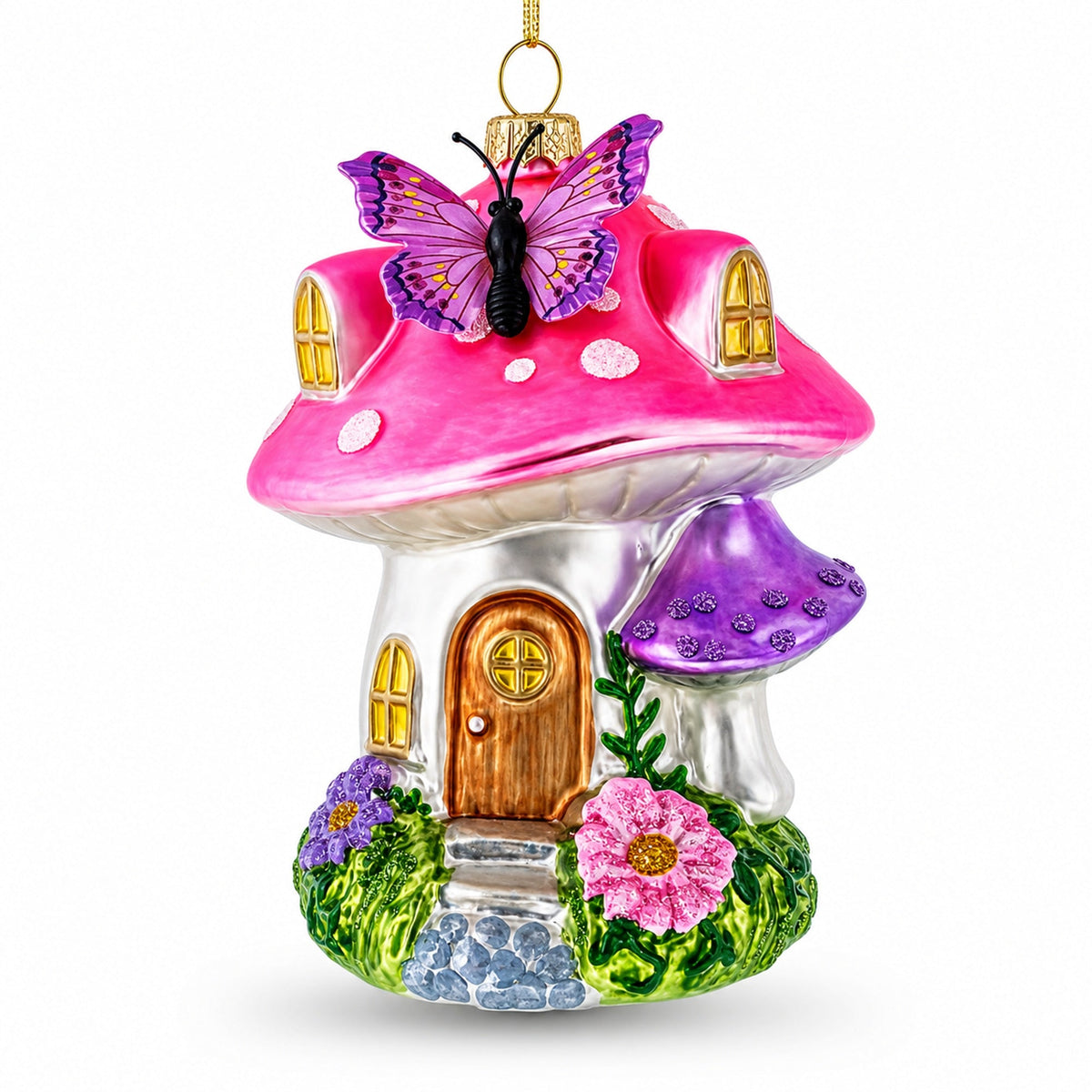 Fairy Mushroom House Glass Christmas Ornament