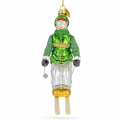 Retro Vintage Skier in Green Vest Glass Christmas Ornament