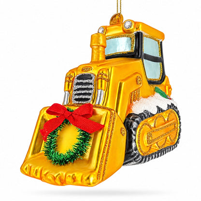 Yellow Construction Bulldozer Glass Christmas Ornament