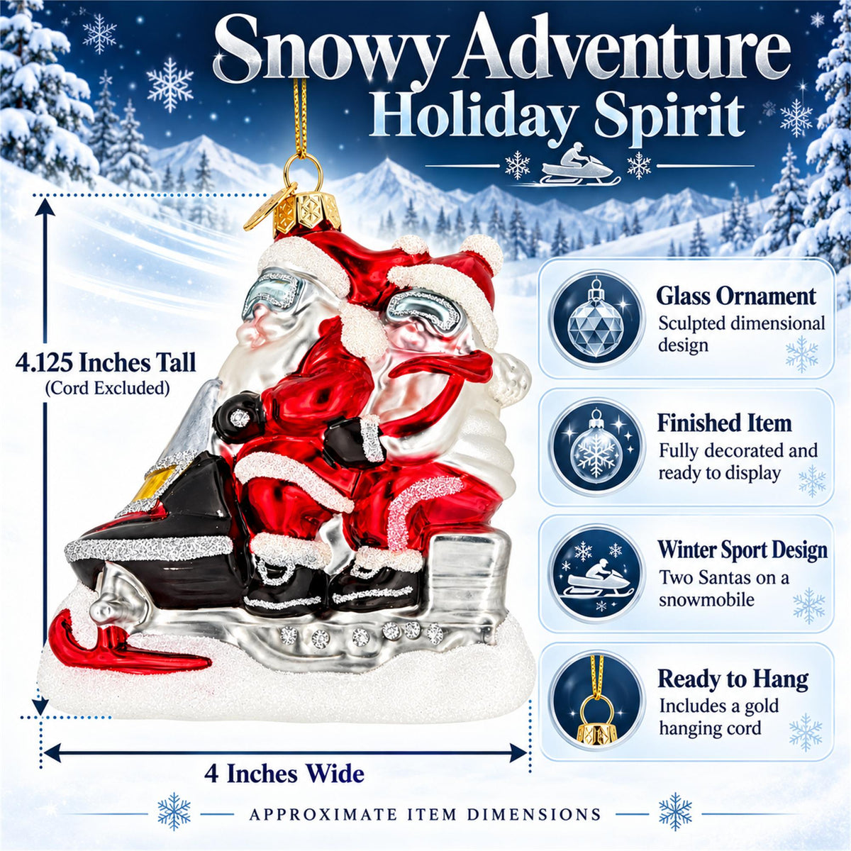 Retro Santa and Mrs. Claus on Snowmobile Glass Christmas Ornament