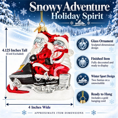 Retro Santa and Mrs. Claus on Snowmobile Glass Christmas Ornament