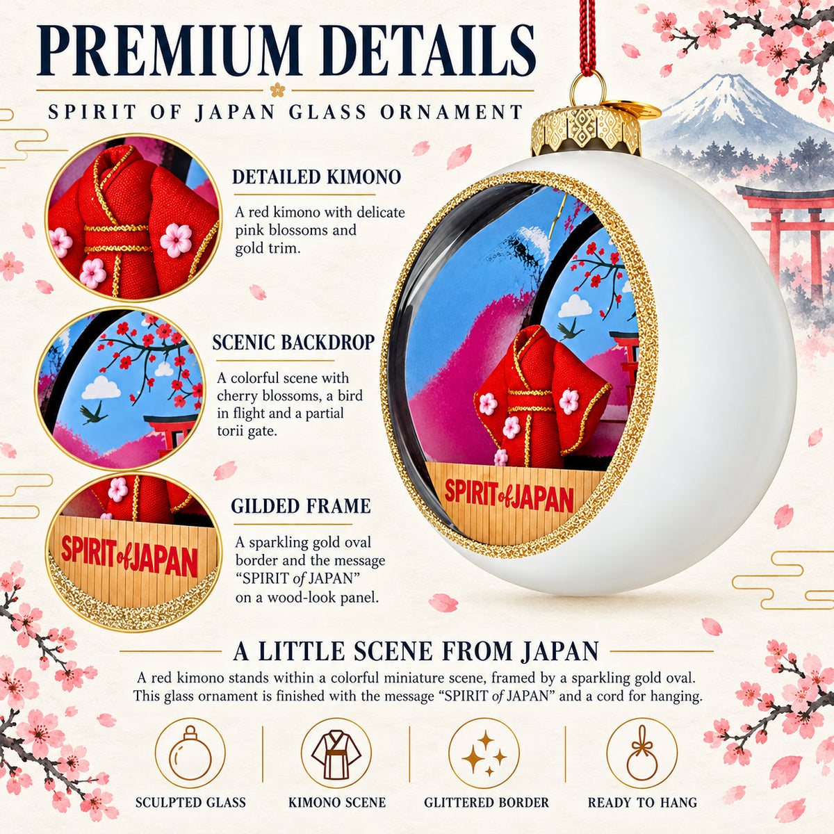 Japan Flag Travel Souvenir Kimono Torii Glass Ball Christmas Ornament