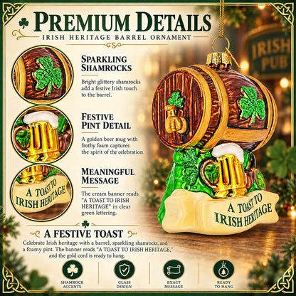 Irish Heritage Shamrock Beer Barrel And Pipe Glass Christmas Ornament