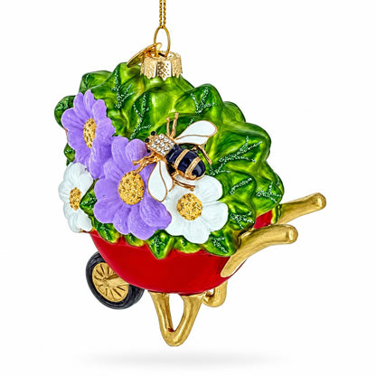 Red Wheelbarrow Bumblebee Spring Flowers Glass Christmas Ornament