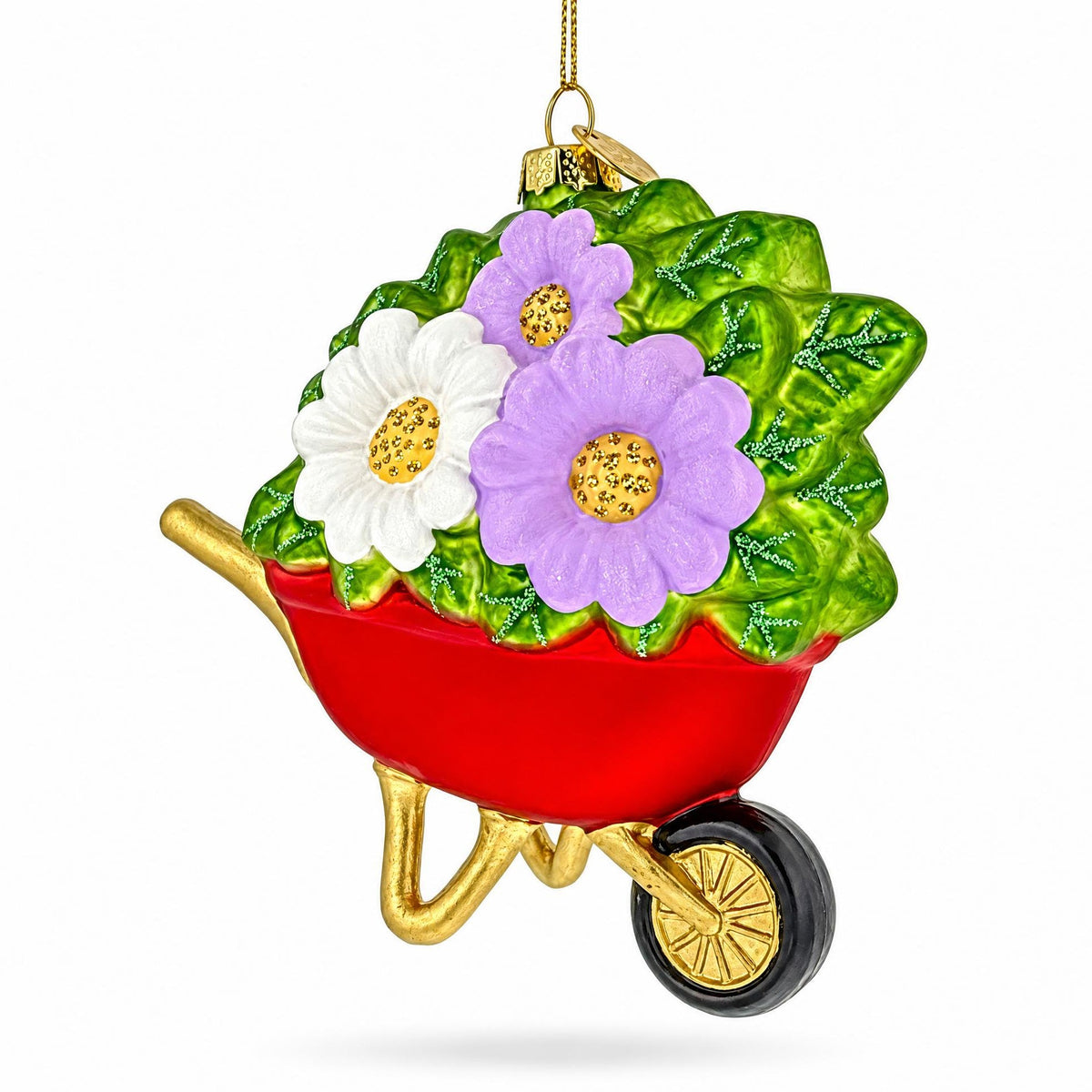 Red Wheelbarrow Bumblebee Spring Flowers Glass Christmas Ornament