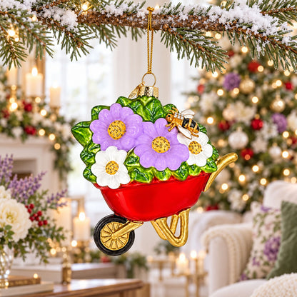 Red Wheelbarrow Bumblebee Spring Flowers Glass Christmas Ornament