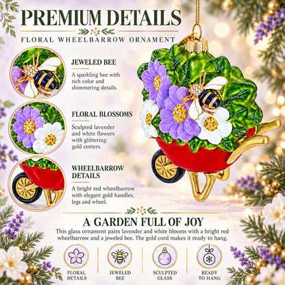 Red Wheelbarrow Bumblebee Spring Flowers Glass Christmas Ornament