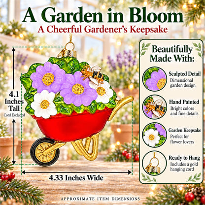 Red Wheelbarrow Bumblebee Spring Flowers Glass Christmas Ornament