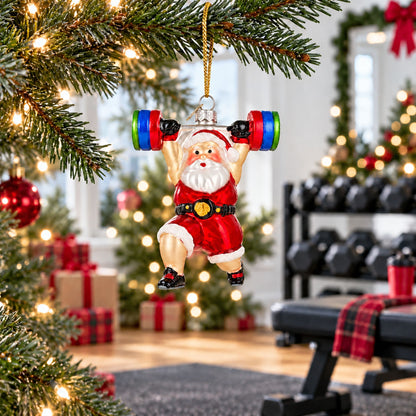 Weightlifting Santa Claus Gym Barbell Glass Christmas Ornament