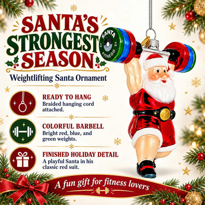 Weightlifting Santa Claus Gym Barbell Glass Christmas Ornament
