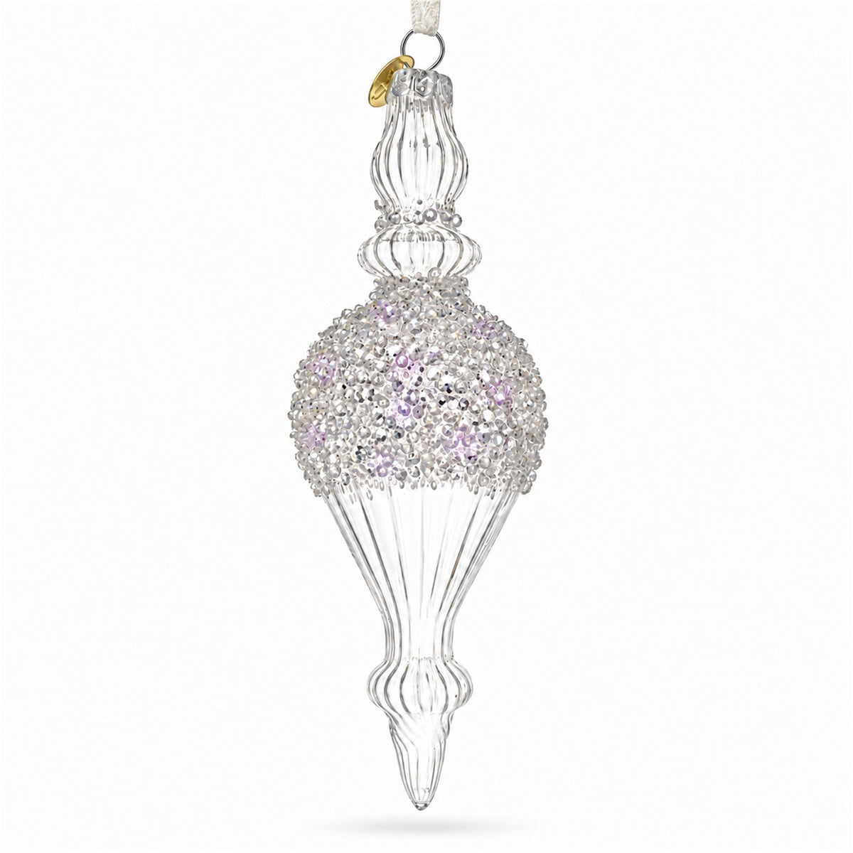 Clear Glass Ribbed Finial With Beaded Top Christmas Ornament