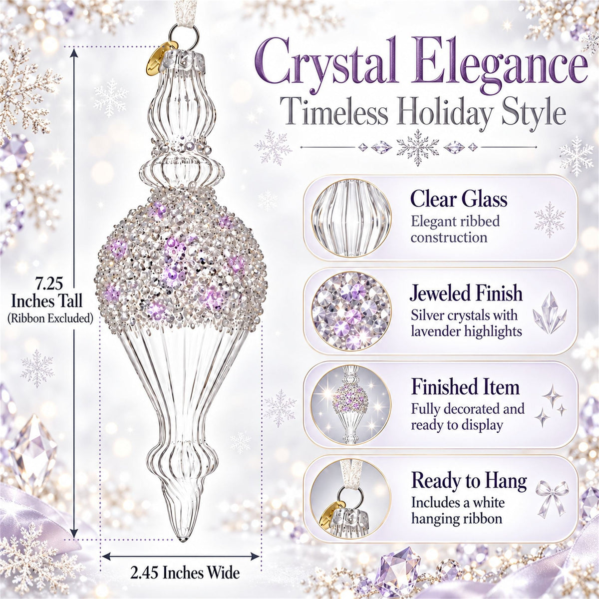 Clear Glass Ribbed Finial With Beaded Top Christmas Ornament