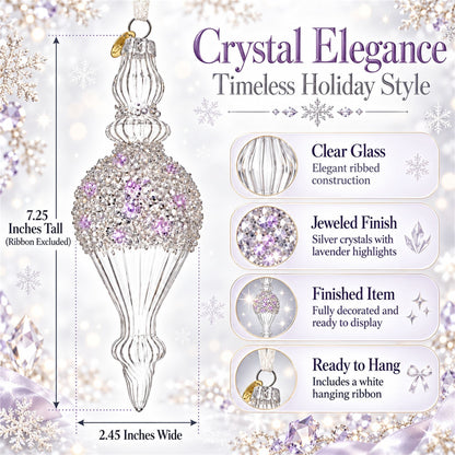 Clear Glass Ribbed Finial With Beaded Top Christmas Ornament