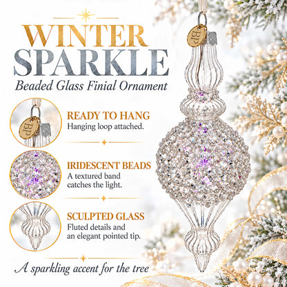 Clear Glass Ribbed Finial With Beaded Top Christmas Ornament